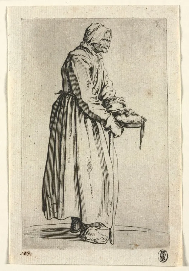 The Beggars: Beggar Woman with Her Alms Bowl, by Jacques Callot, 1623