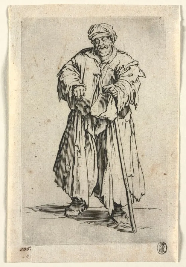 The Beggars: Obese Beggar with Lowered Eyes, by Jacques Callot, 1623