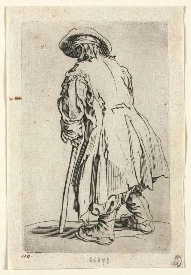 The Beggars: Old Beggar on One Single Crutch, by Jacques Callot, 1623