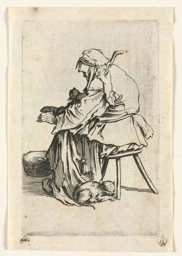 The Beggars: Old Woman and Cats, by Jacques Callot, 1623