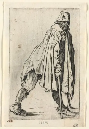 The Beggars: The Beggar on Crutches, Wearing a Cap, by Jacques Callot