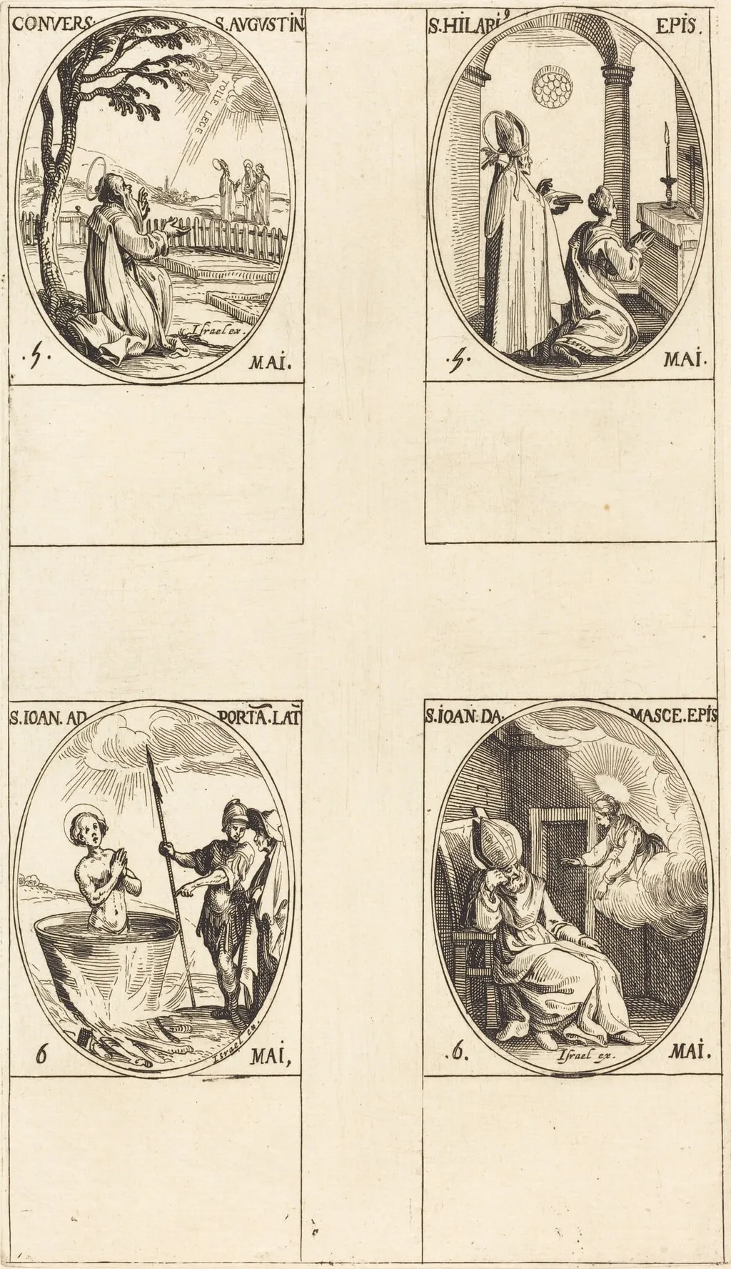 The Conversion of Saint Augustine; Saint Hilary; Saint John before the Latin Portal; Saint John of Damascus, by Jacques Callot, ink, 1634