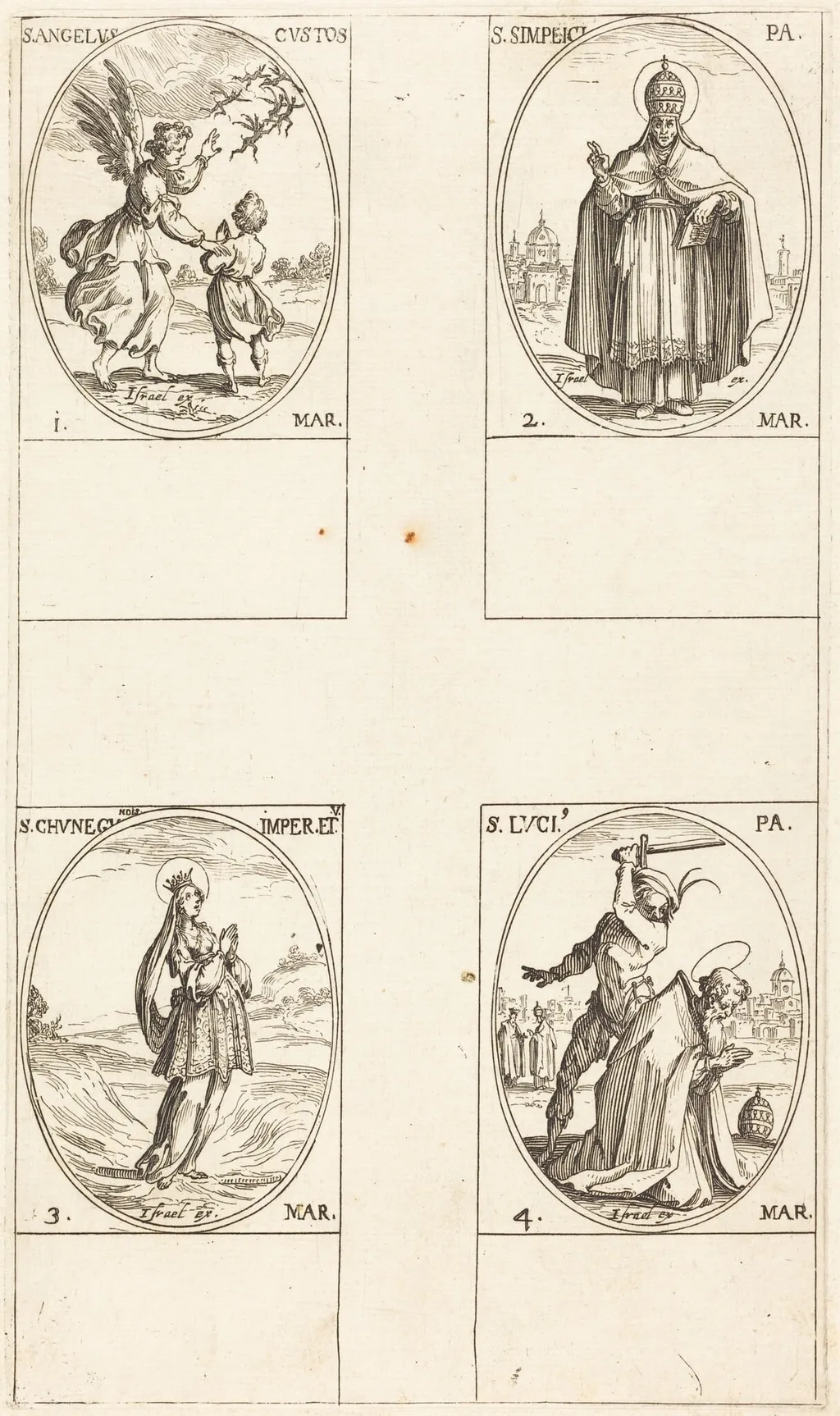 The Guardian Angel; St. Simplici; St. Cunegundes; St. Luci, by Jacques Callot, ink, 1634