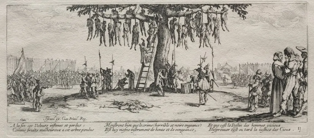 The Large Miseries of War: The Hanging, by Jacques Callot, 1633