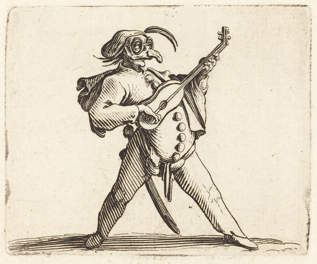 The Masked Comedian Playing a Guitar, by Jacques Callot, ink, 1622