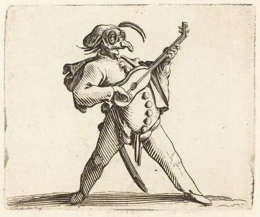 The Masked Comedian Playing a Guitar, by Jacques Callot