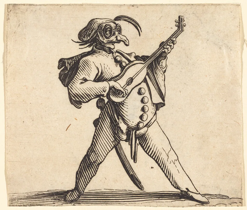 The Masked Comedian Playing a Guitar, by Jacques Callot, ink, 1622