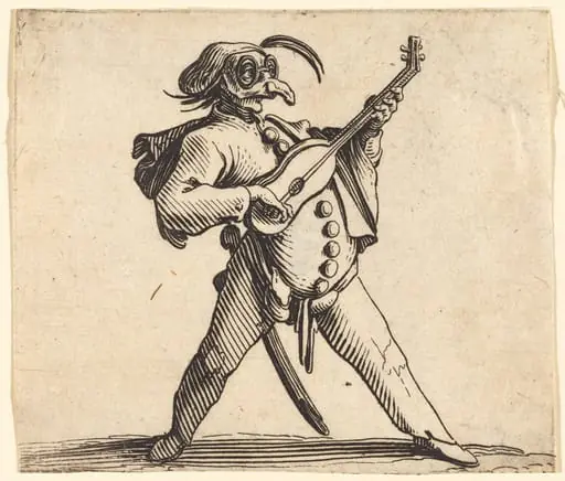The Masked Comedian Playing a Guitar, by Jacques Callot