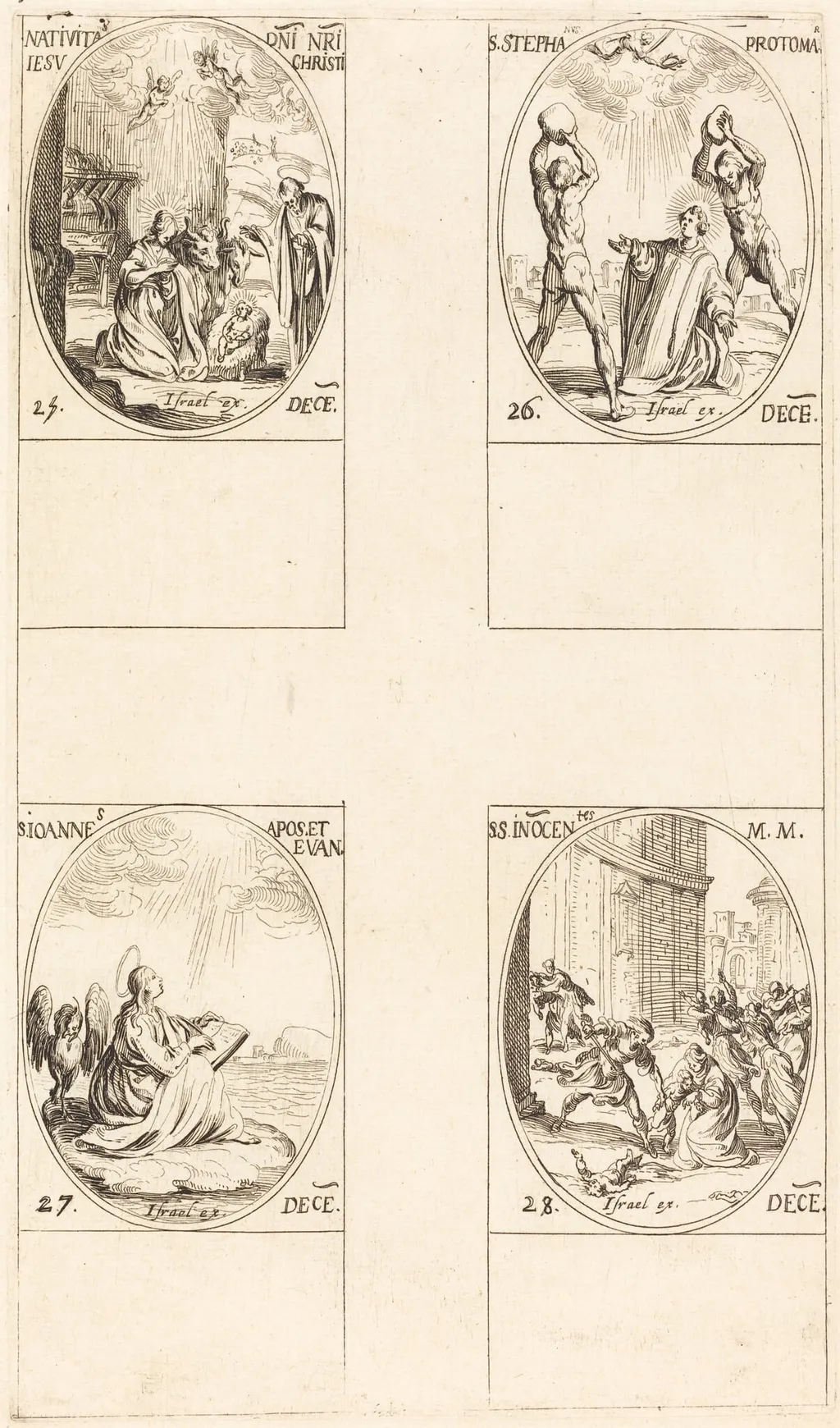 The Nativity; St. Stephen; St. John; Holy Innocents, by Jacques Callot, ink, 1634