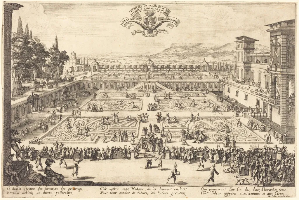 The Palace Gardens at Nancy, by Jacques Callot, ink, 1625