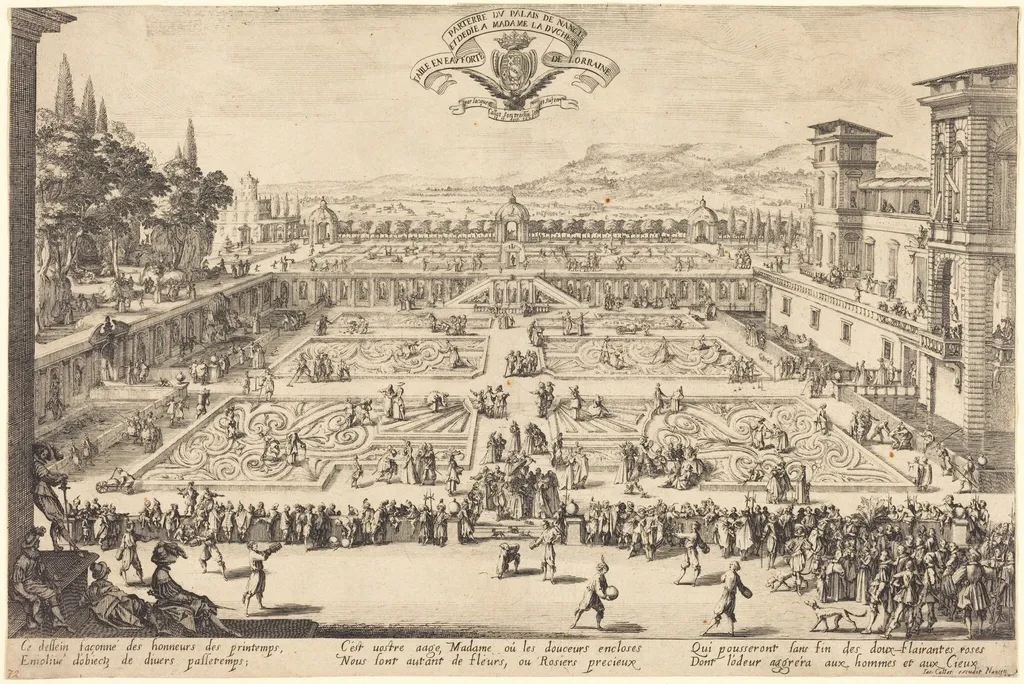 The Palace Gardens at Nancy, by Jacques Callot, ink, 1625