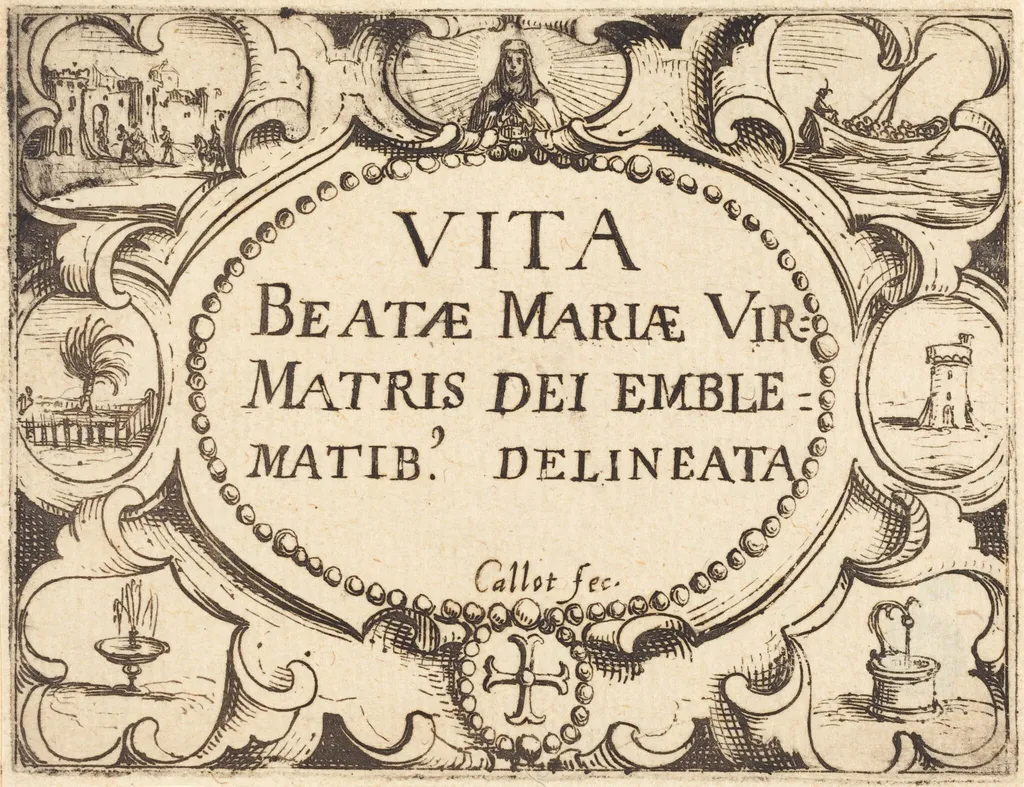 Title Page for "The Life of the Virgin in Emblems", by Jacques Callot, ink, 1628