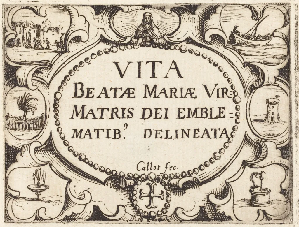 Title Page for "The Life of the Virgin in Emblems", by Jacques Callot, ink, 1628