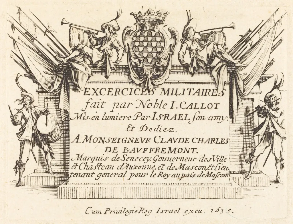 Title Page for "The Military Exercises", by Jacques Callot, ink, 1634