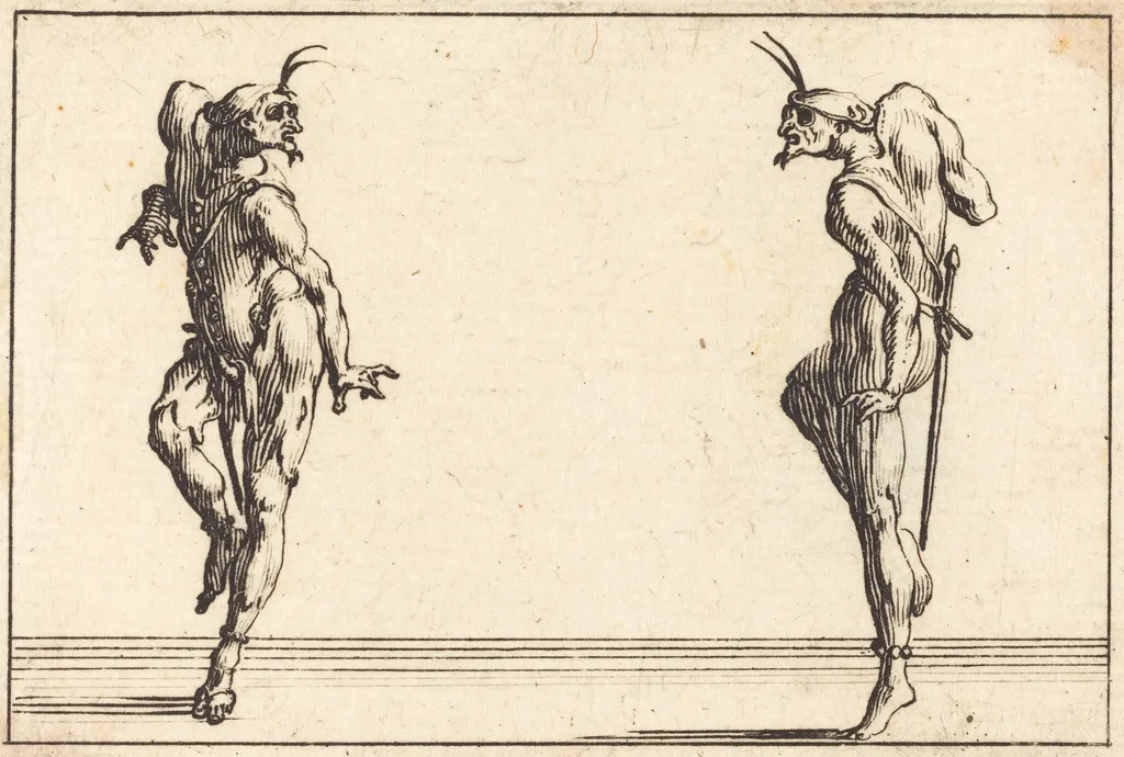 Two Pantaloons Dancing, by Jacques Callot, ink, 1617