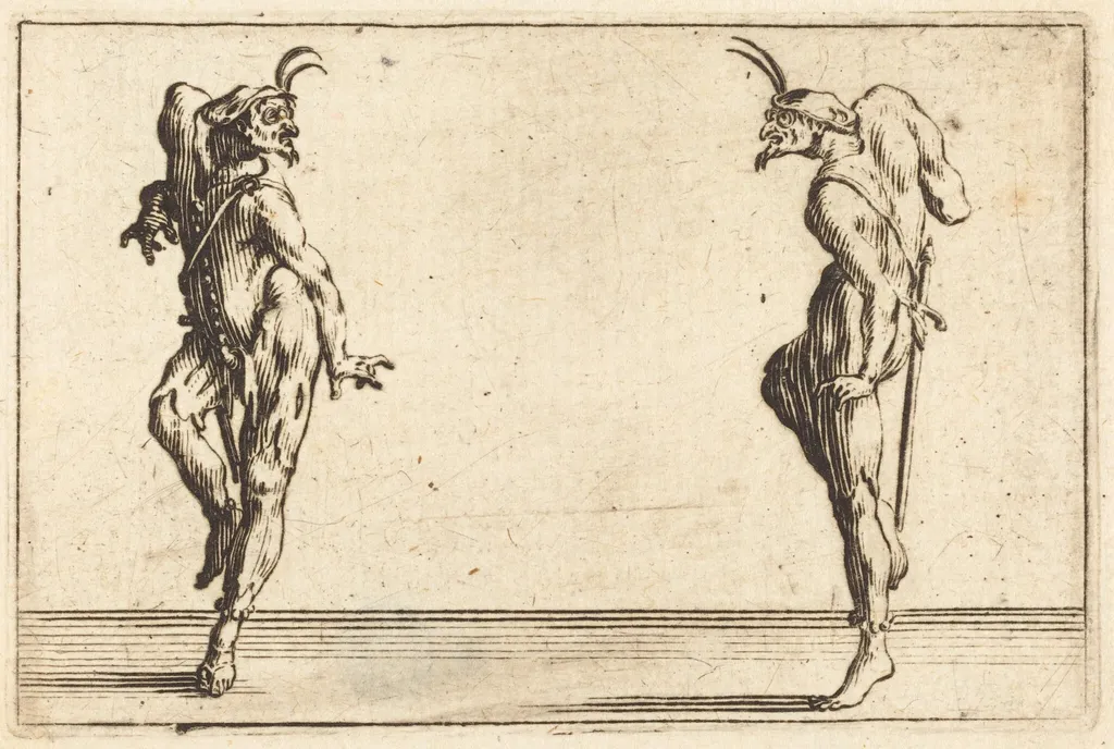 Two Pantaloons Dancing, by Jacques Callot, ink, 1622