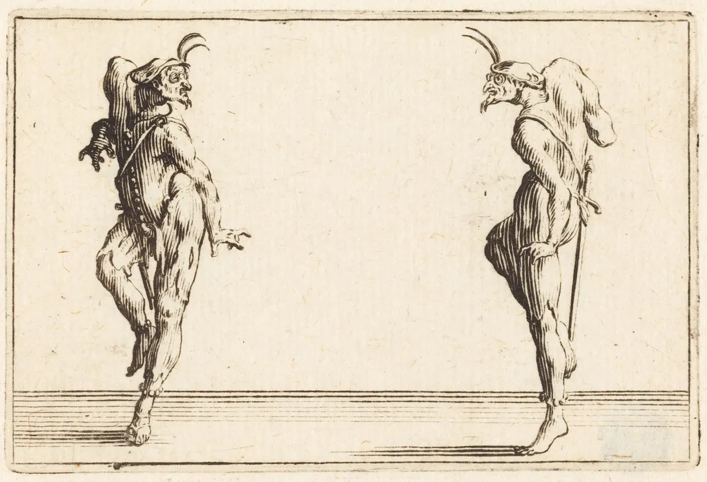 Two Pantaloons Dancing, by Jacques Callot, ink, 1622