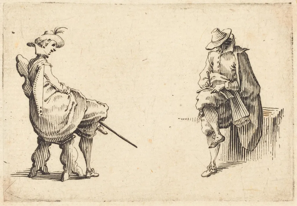 Two Seated Figures, by Jacques Callot, ink, 1617