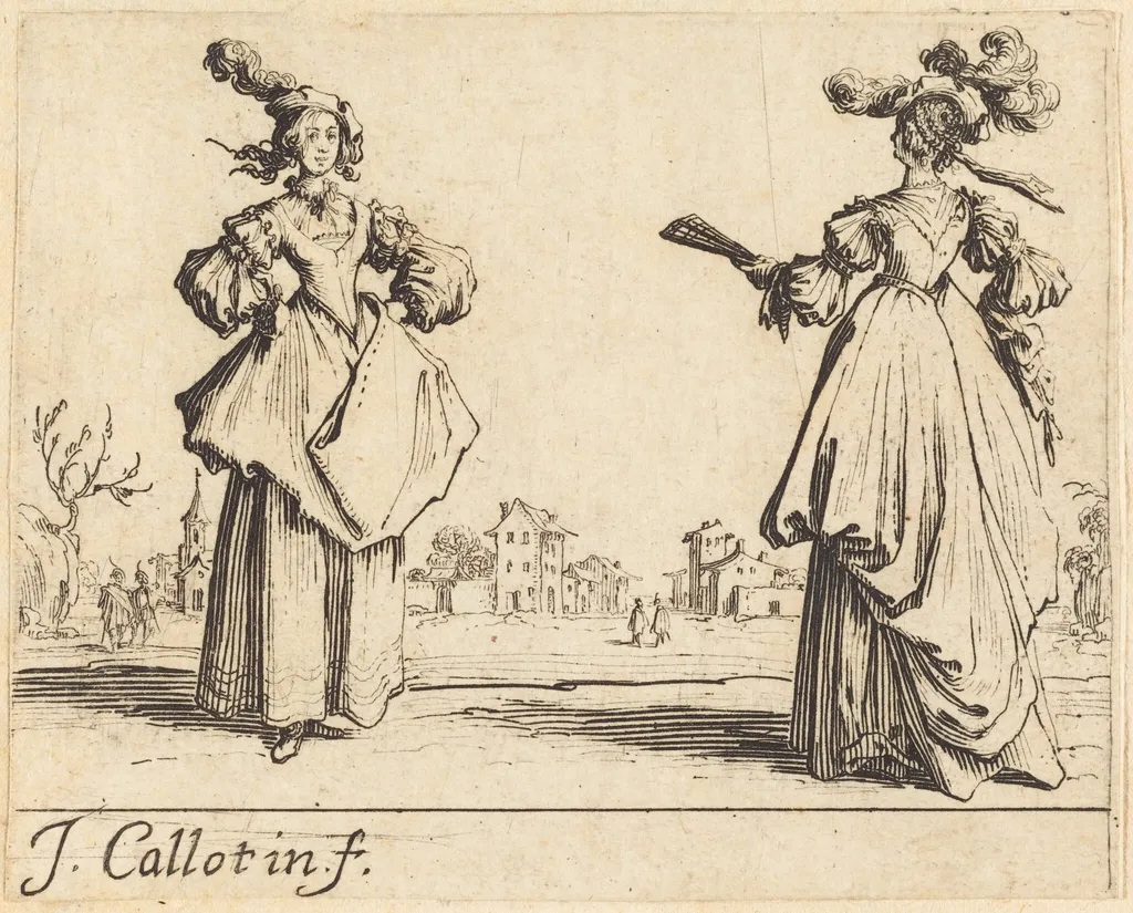 Two Society Women, by Jacques Callot, ink, 1623