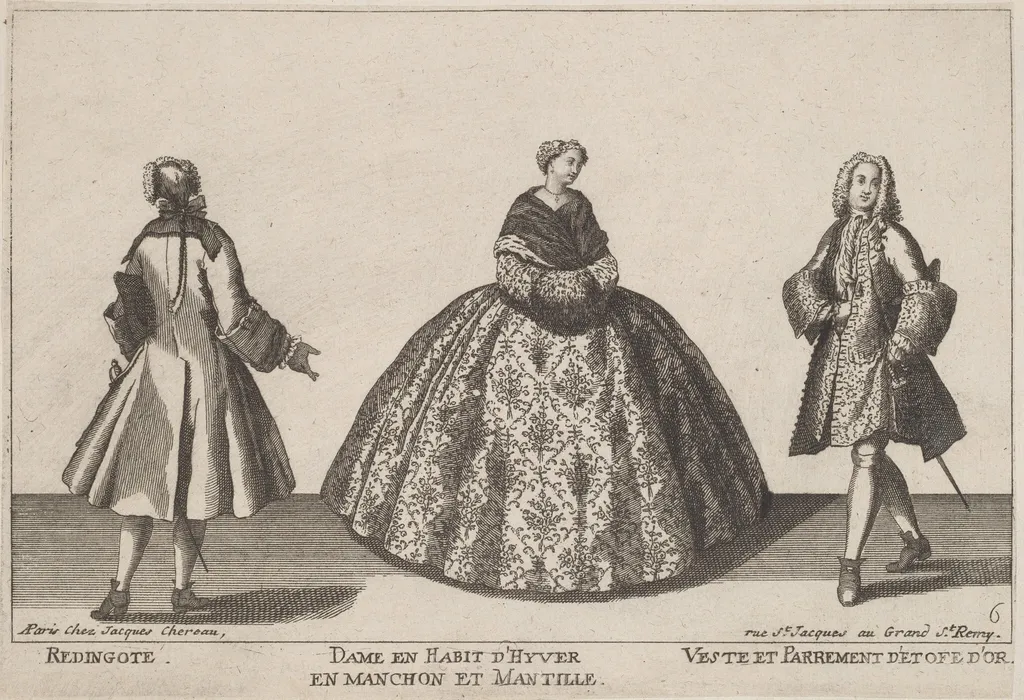 Redingote/Dame en Habit d'Hyver en Manchon/Veste et Parrement d'Etofe d'Or, by Jacques Chéreau, ink, 1724