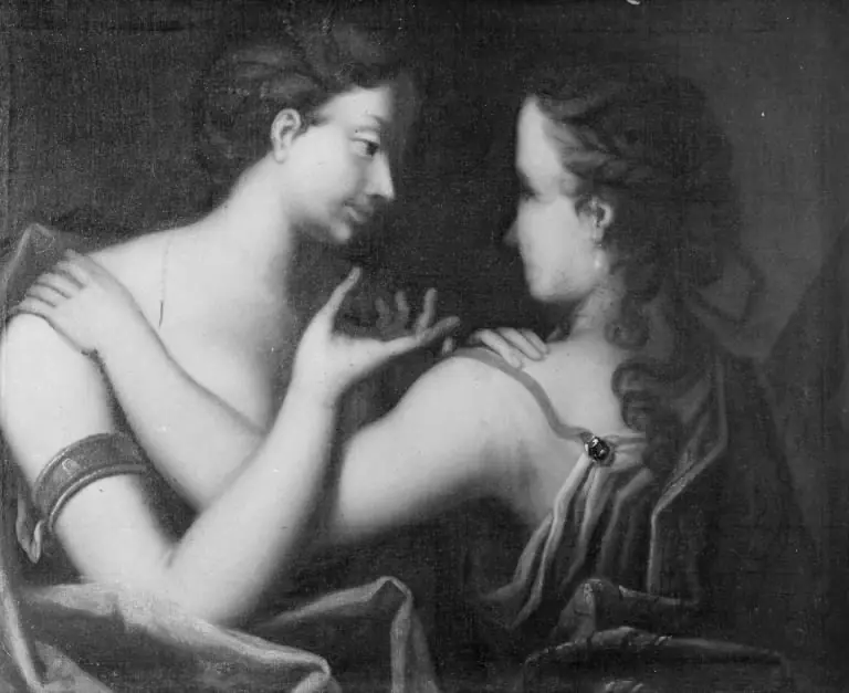 Tvende fruentimmere, halve figurer, conversere, by Jacques d'Agar