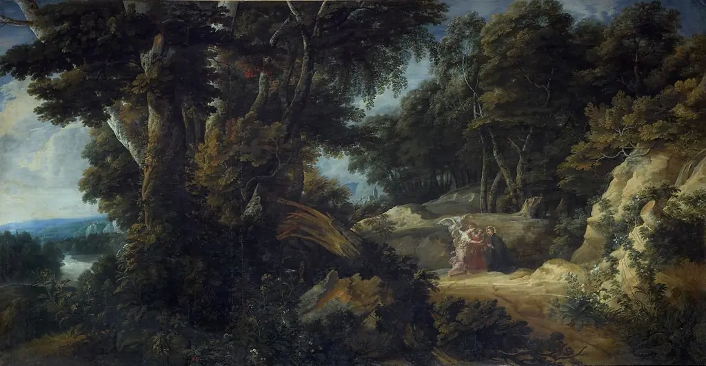 Extensive forest landscape with St. Stanisław Kostka, by Jacques d'Arthois