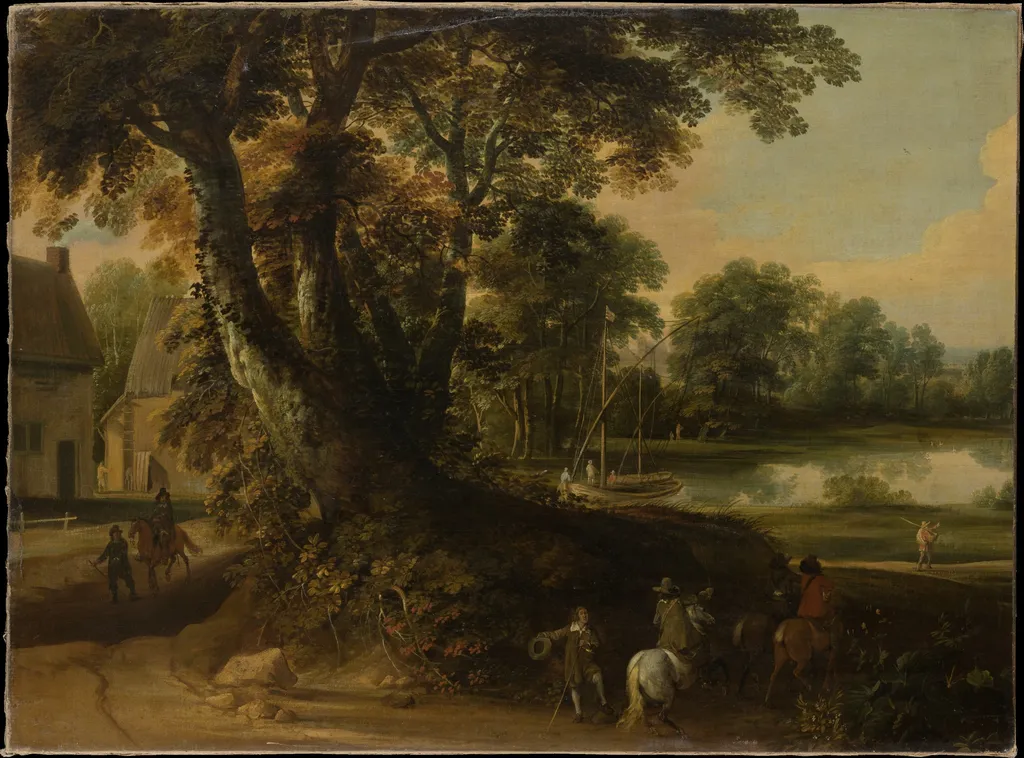 Landscape with a Group of Trees at the Shore of a Lake, Three Riders on the Road in the Foreground, by Jacques d'Arthois, oil, 1667