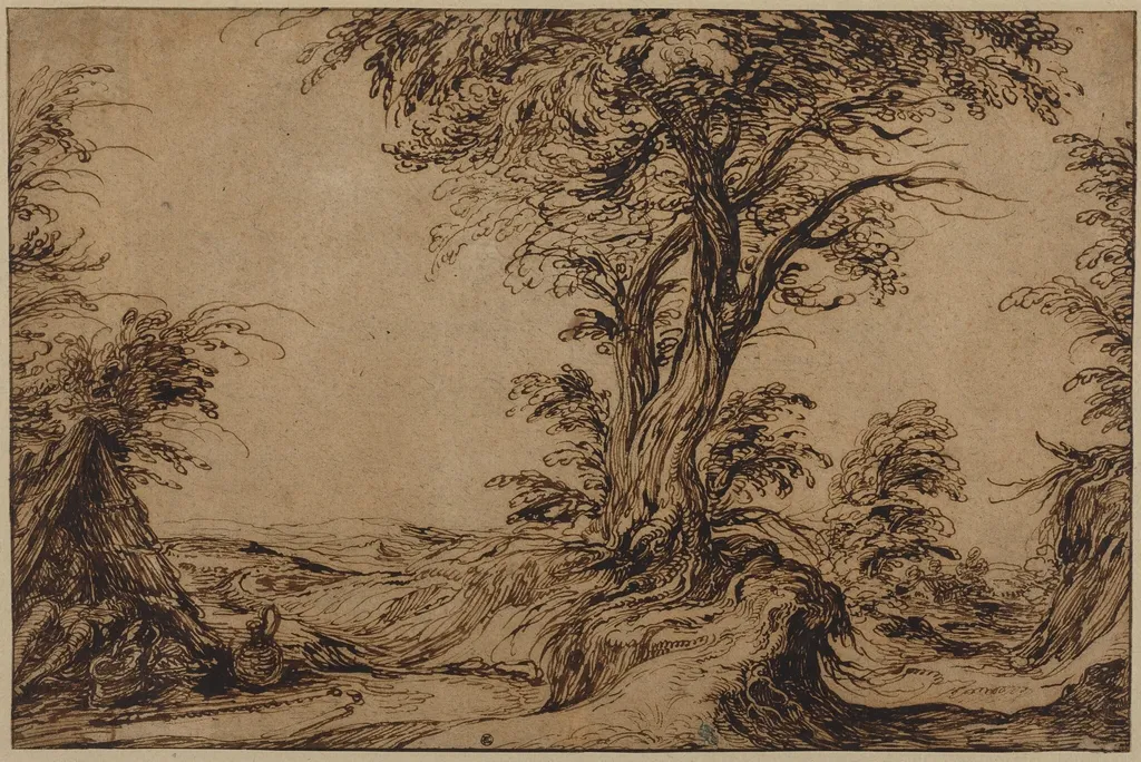 Landscape with Sleeping Peasants, by Jacques de Gheyn II, ink, 1605