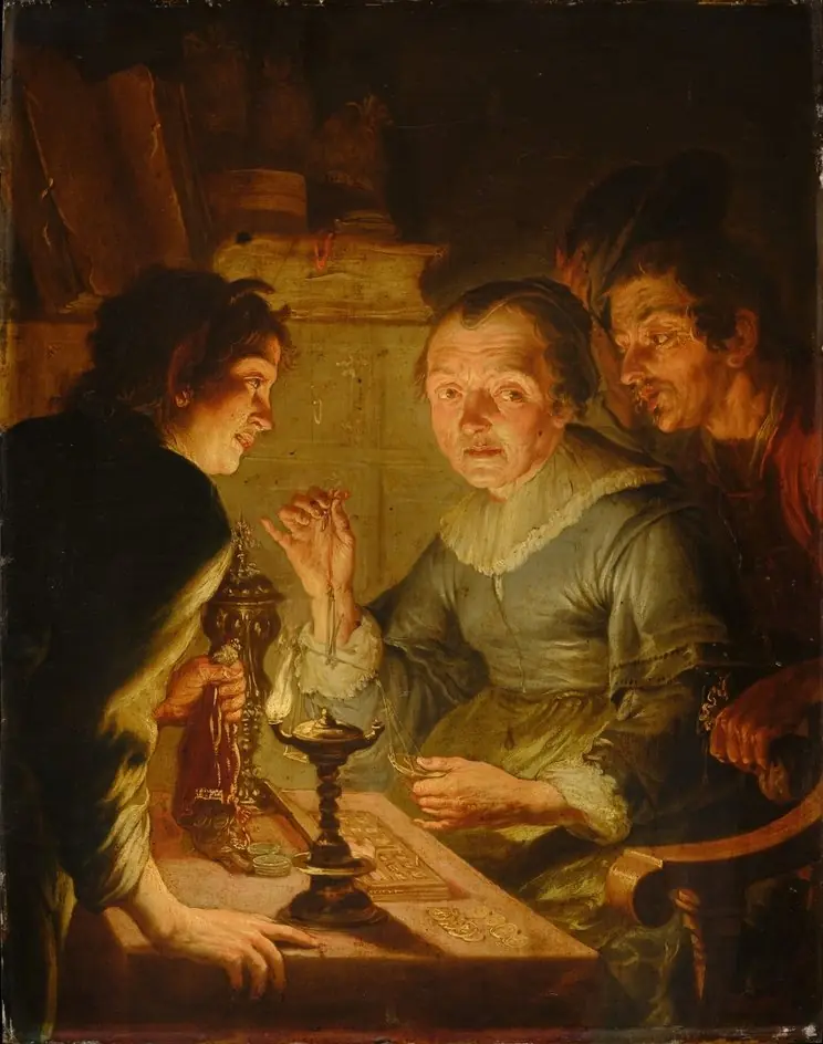 An old Woman weighing Gold: 'Avarice', by Jacques de l'Ange