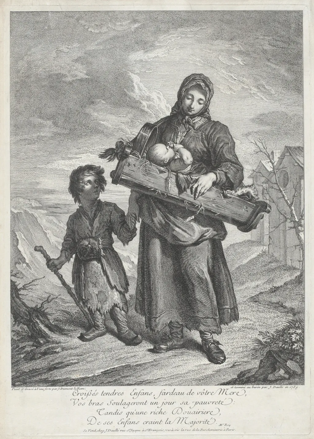 A Young Mother Carrying a Crib, by Jacques Dumont, ink, 1739