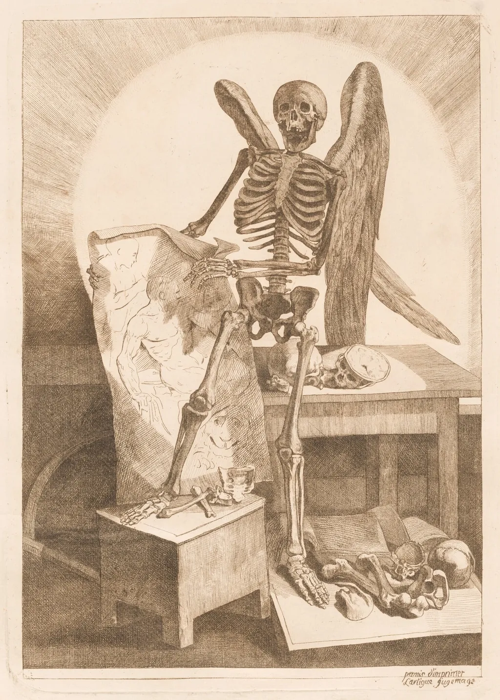 A Winged Skeleton Holding an Anatomical Drawing, by Jacques Gamelin, ink, 1779