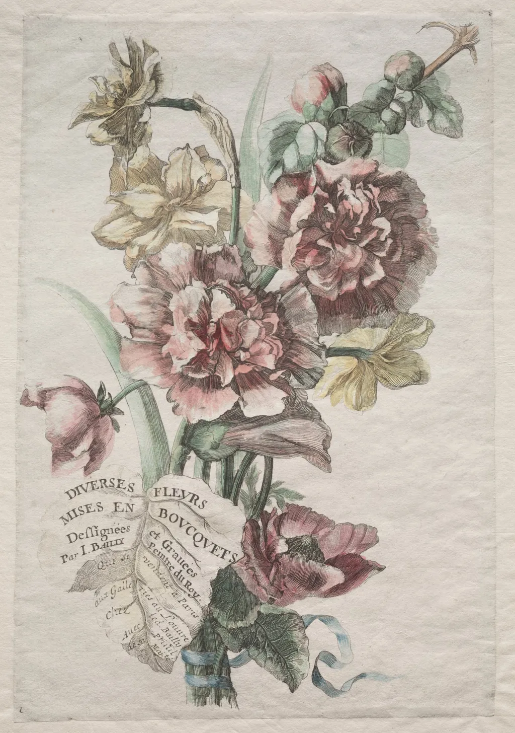 Divers fleurs mises en boucquets: No. 1 - Hollyhocks and Narcissus, by Jacques I Bailly, 1670