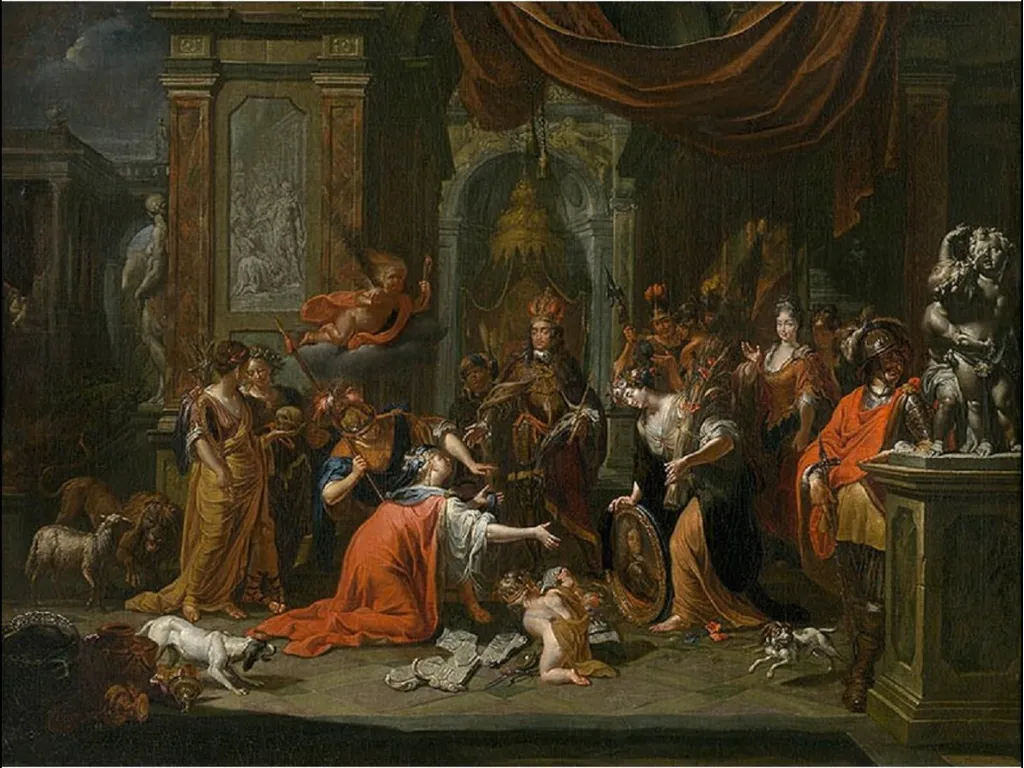 The City of Antwerp pay tribute to the Austrian dynasty, by Jacques Ignatius de Roore, oil, 1716