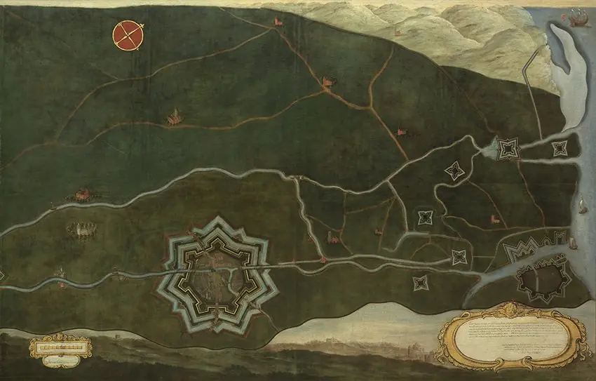 Kaart van Damme en de Spaanse grensforten bij Sluis