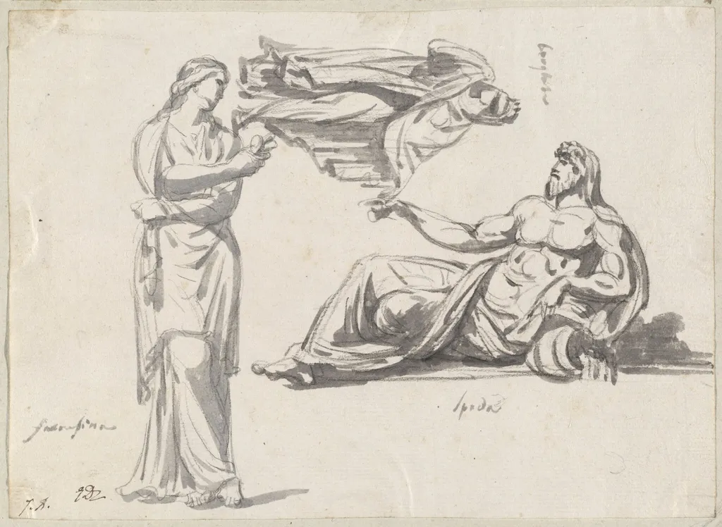 A River God and Two Classical Sculptures, by Jacques-Louis David, graphite, 1778