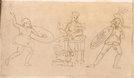 Comic Warrior, Seated Woman, and Figure with a Shield, by Jacques-Louis David