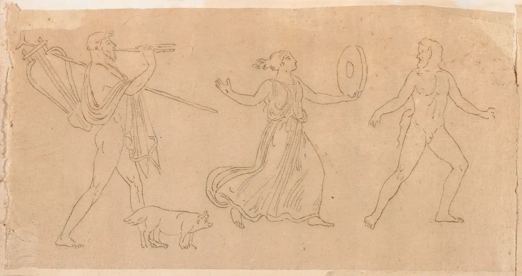Dancing and Piping Figures, by Jacques-Louis David, oil, 1778
