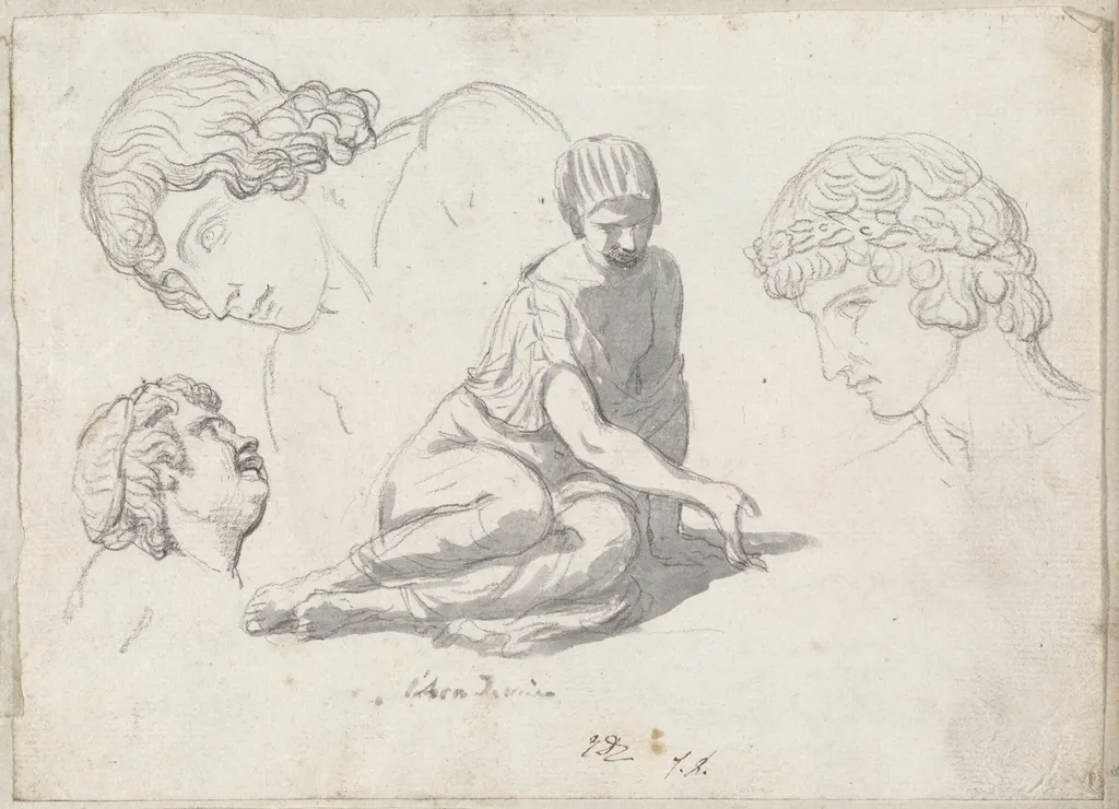 Dice-Thrower and Other Studies after Ancient Sculptures, by Jacques-Louis David, chalk, 1778