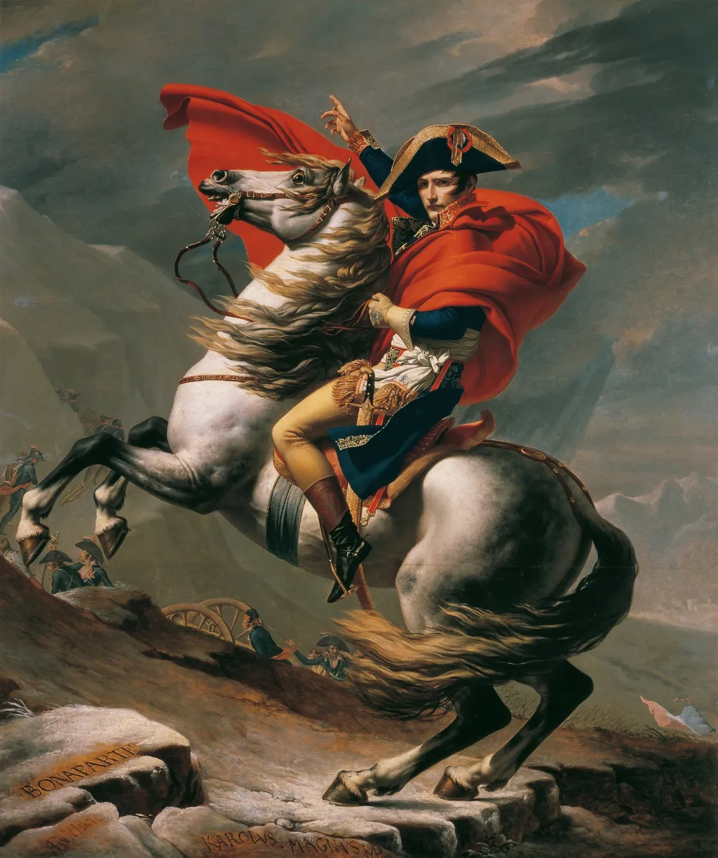 Napoleon Crossing the Alps, by Jacques-Louis David, oil, 1800