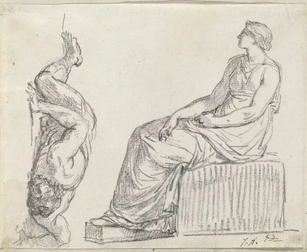 Seated Woman and Man Sprawling on the Ground, by Jacques-Louis David, chalk, 1778