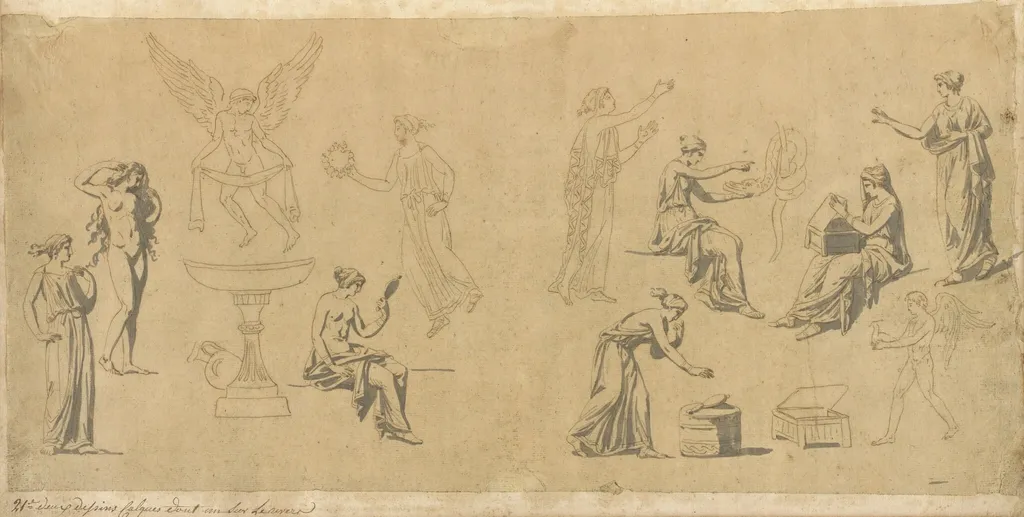 Studies of Classical Women, with Eros, by Jacques-Louis David, oil, 1778