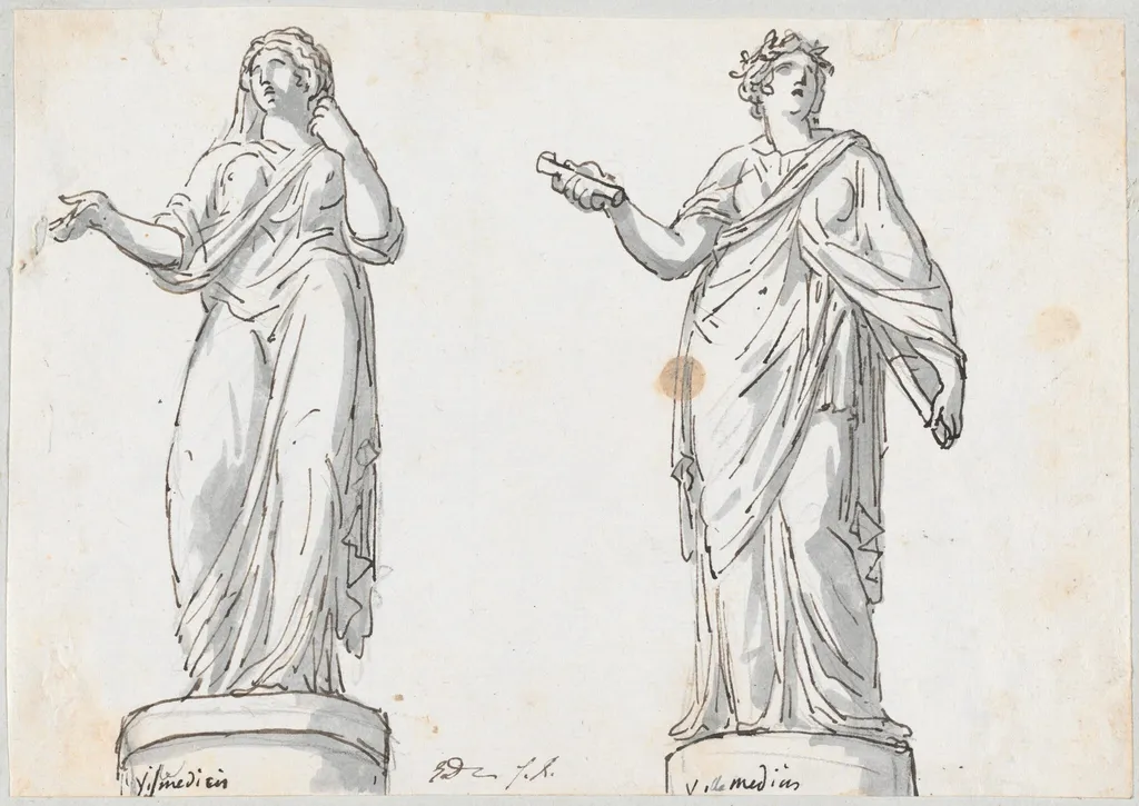 Two Female Figures from the Villa Medici, by Jacques-Louis David, ink, 1778