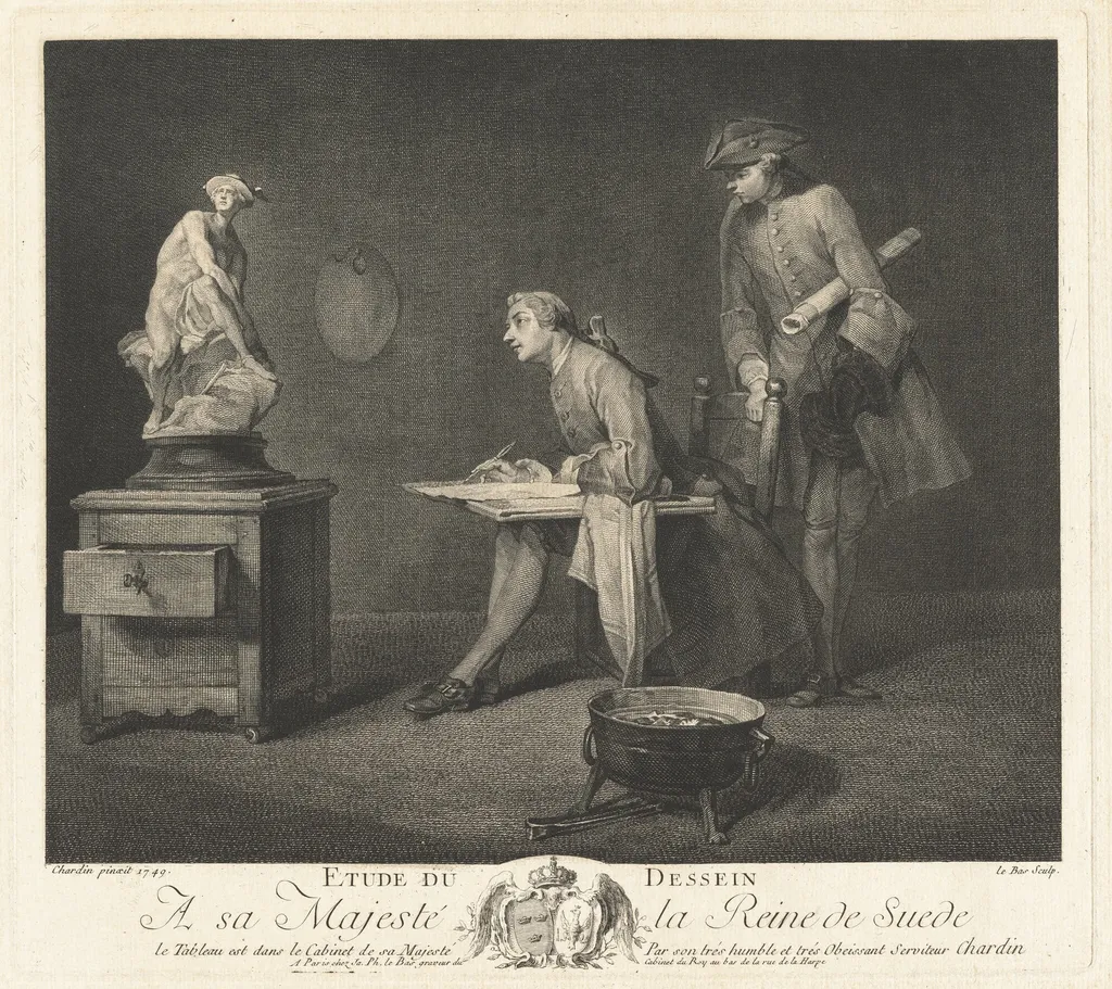 Etude du dessin (The Drawing Lesson), by Jacques-Philippe Le Bas, ink, 1757