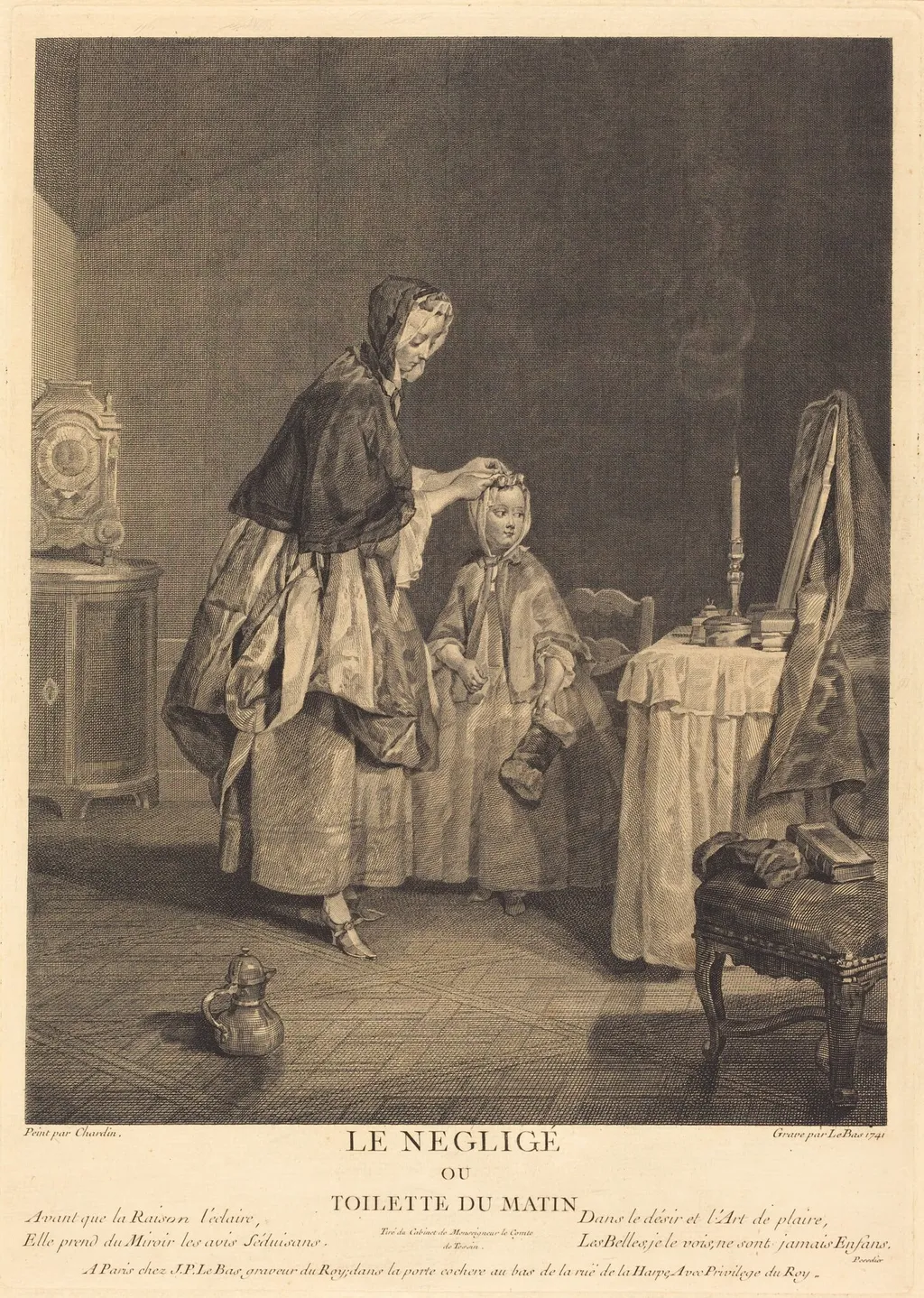 Le neglige, ou la toilette du matin, by Jacques-Philippe Le Bas, ink, 1741