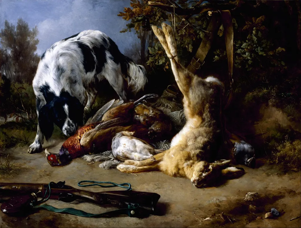 Spaniel with a Still Life of Dead Game, by Jacques Raymond Brascassat, oil, 1837