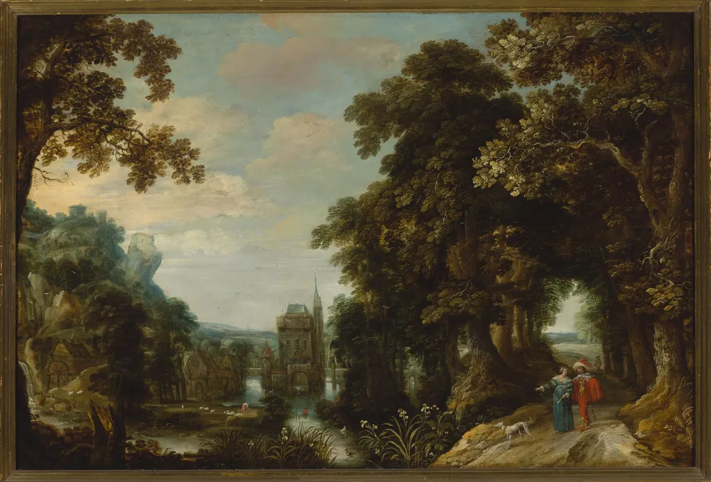 Landscape with an alley and castle on the water, by Jacques van der Wijen, oil, 1634