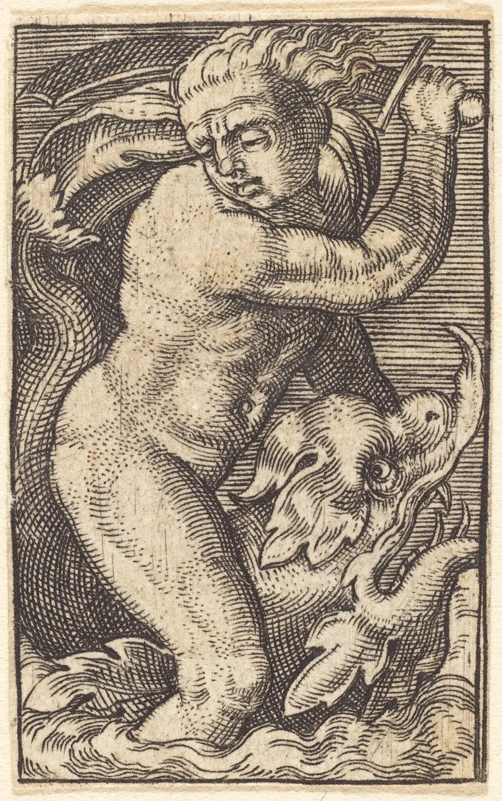 Sea-God on a Dolphin Riding to the Left, by Jakob Binck, ink, 1525