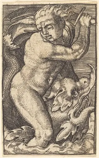 Sea-God on a Dolphin Riding to the Left, by Jakob Binck
