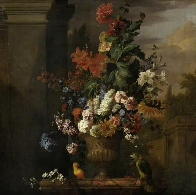 A stone vase of flowers, by Jakob Bogdani, oil, 1701
