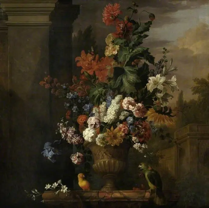 A stone vase of flowers, by Jakob Bogdani